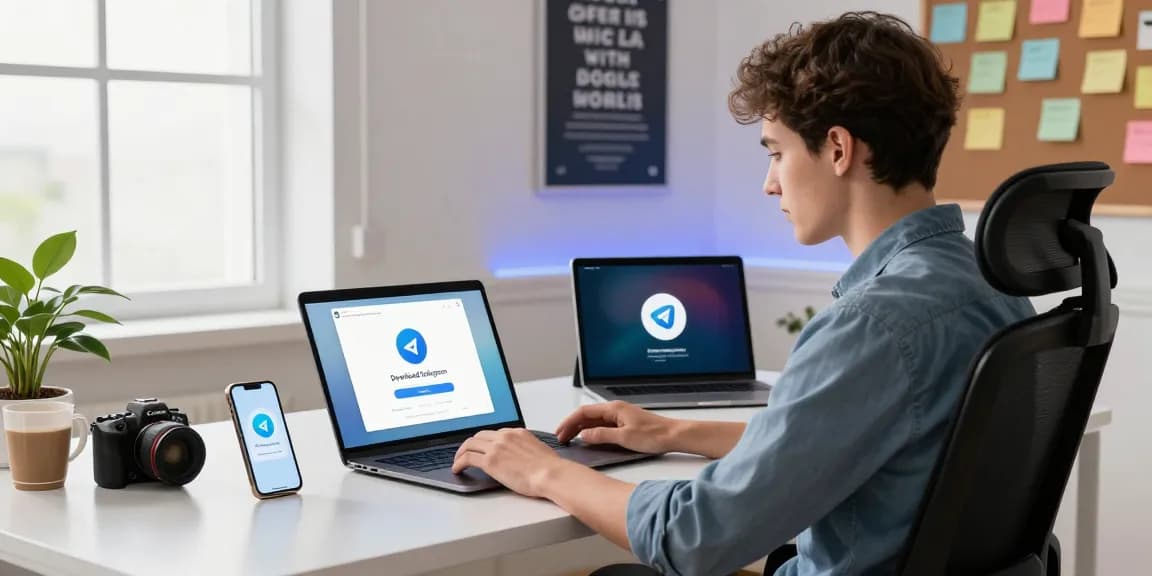Download Telegram app in a modern digital workspace with devices showcasing messaging interface.