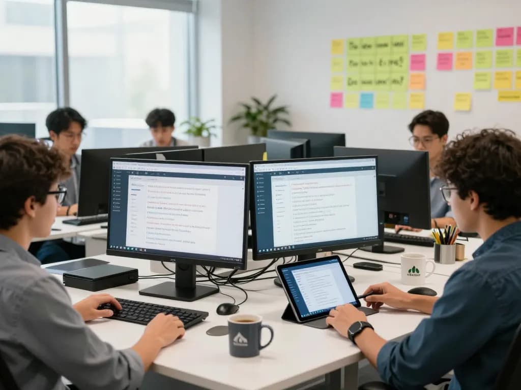 翻译专业人士在现代办公室环境中合作使用有道翻译下载软件的动态场景。