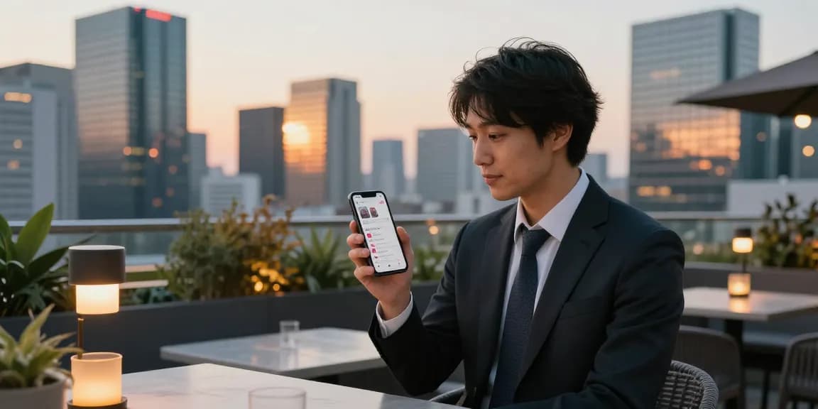 インスタグラム いいね 購入 効果を確認する若い日本人起業家の屋上シーン