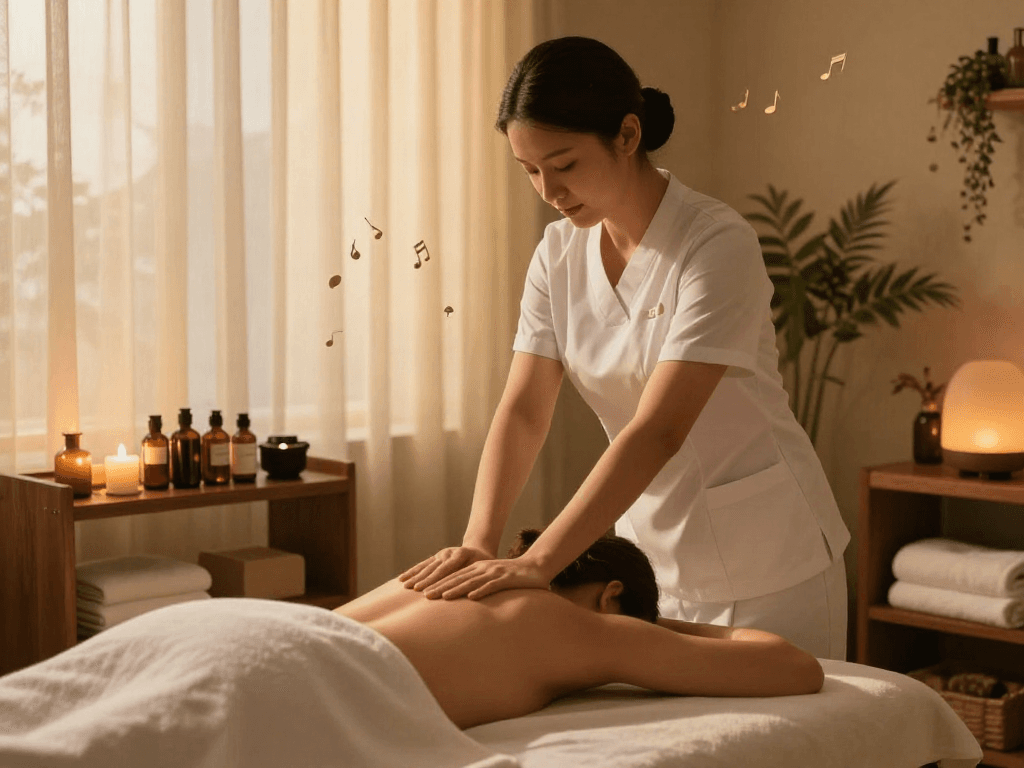 Relaxation massage at a luxurious spa, showcasing 마포출장안마 in a serene setting with candles and soothing ambiance.