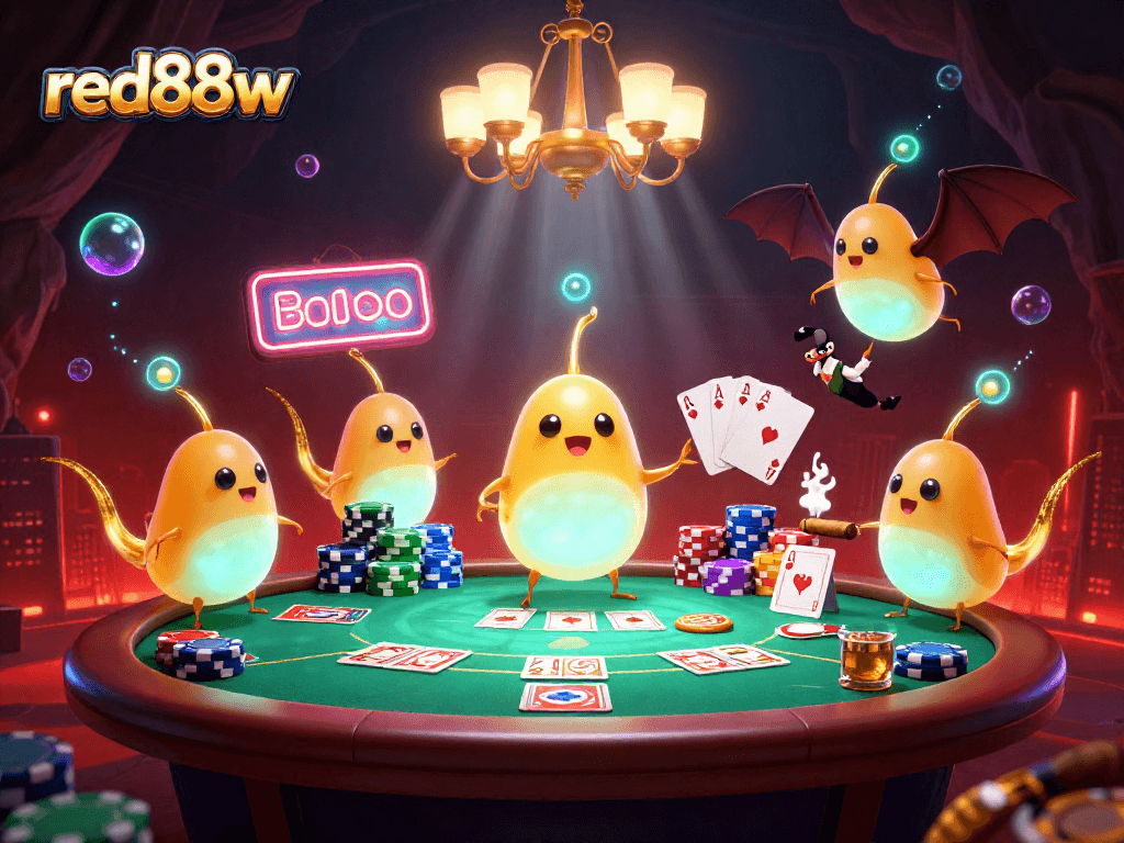 Play poker with red88w in an atmospheric cave casino illuminated by glowworms and a bat dealer.