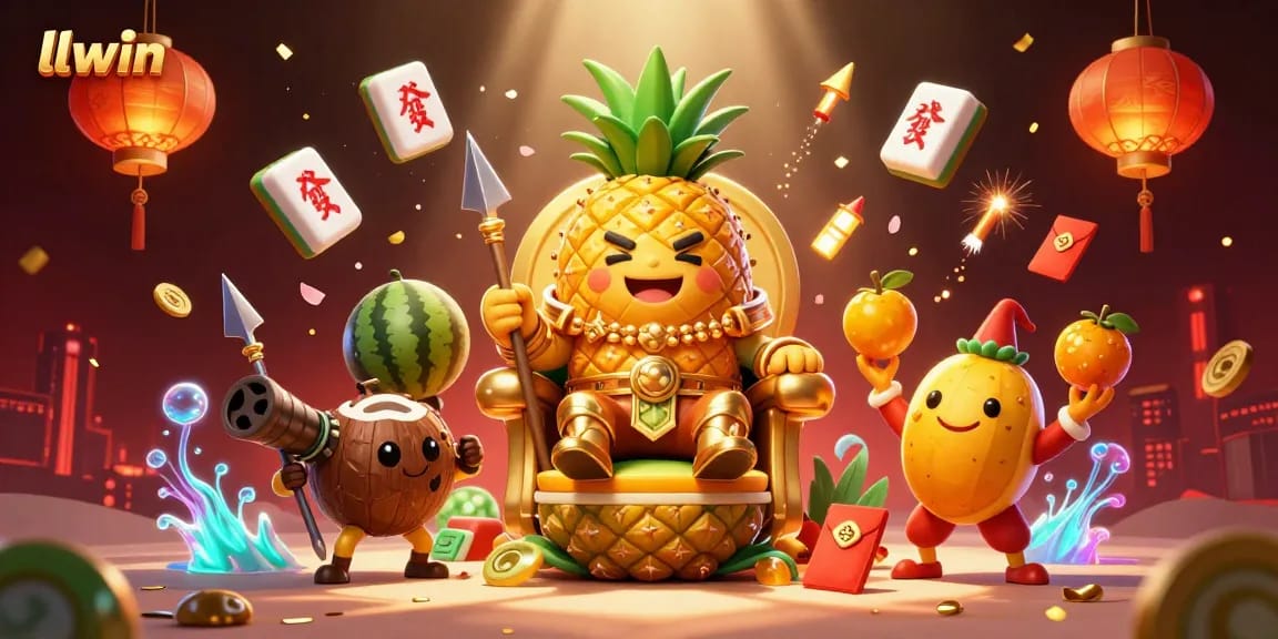 llwin showcases an exciting beach casino scene with a golden pineapple king and tropical characters.
