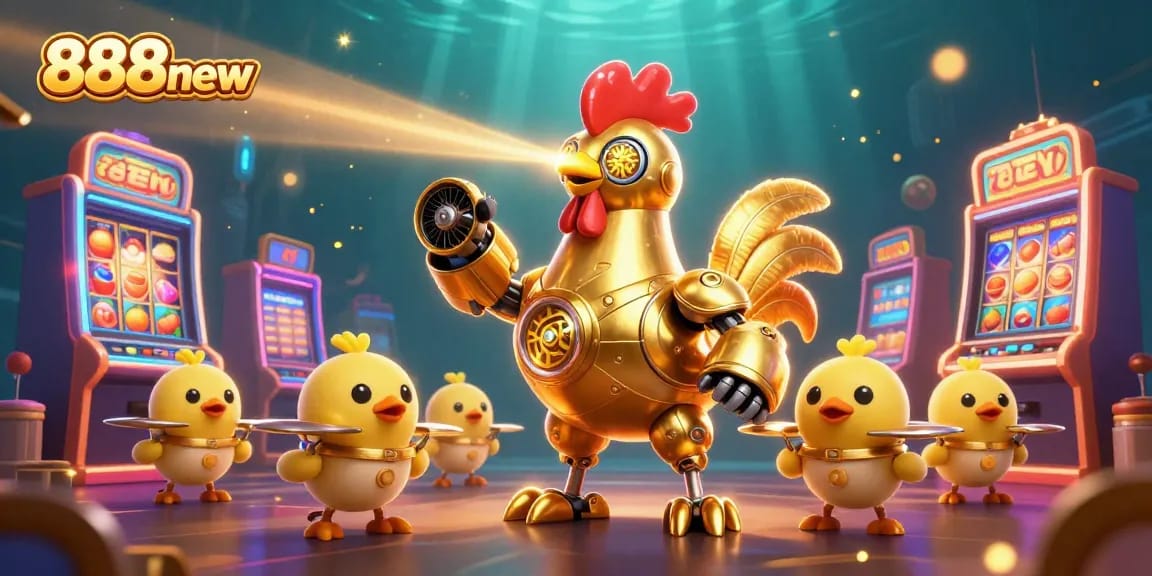 Engage in thrilling gameplay at 888new with vibrant slots and a futuristic golden rooster bot!