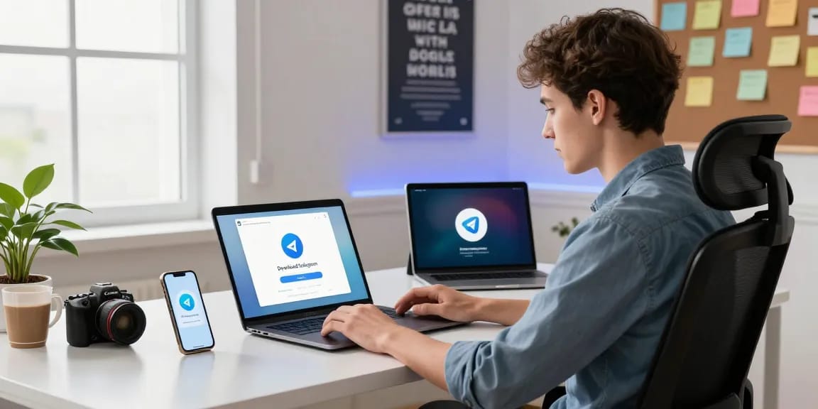 Download Telegram app in a modern digital workspace with devices showcasing messaging interface.