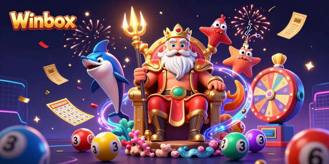 Winbox showcases excitement with Neptune, lottery balls, and prize elements in a vibrant casino scene.