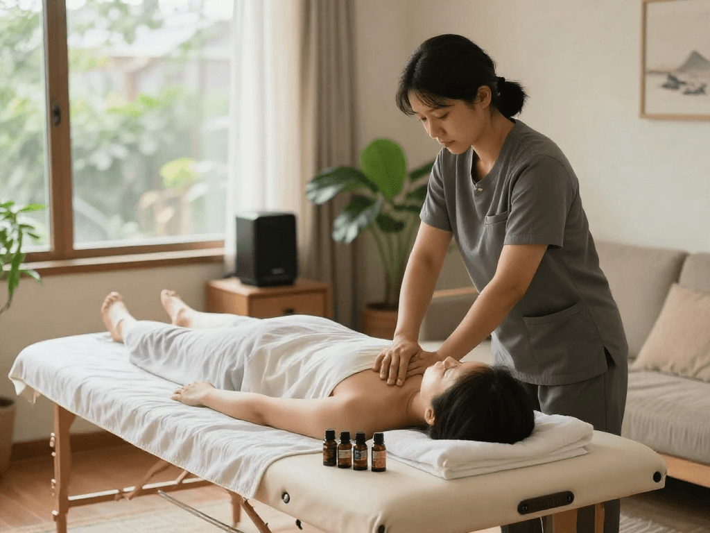 출장마사지 service showcasing a therapist and client in a cozy living room setting.