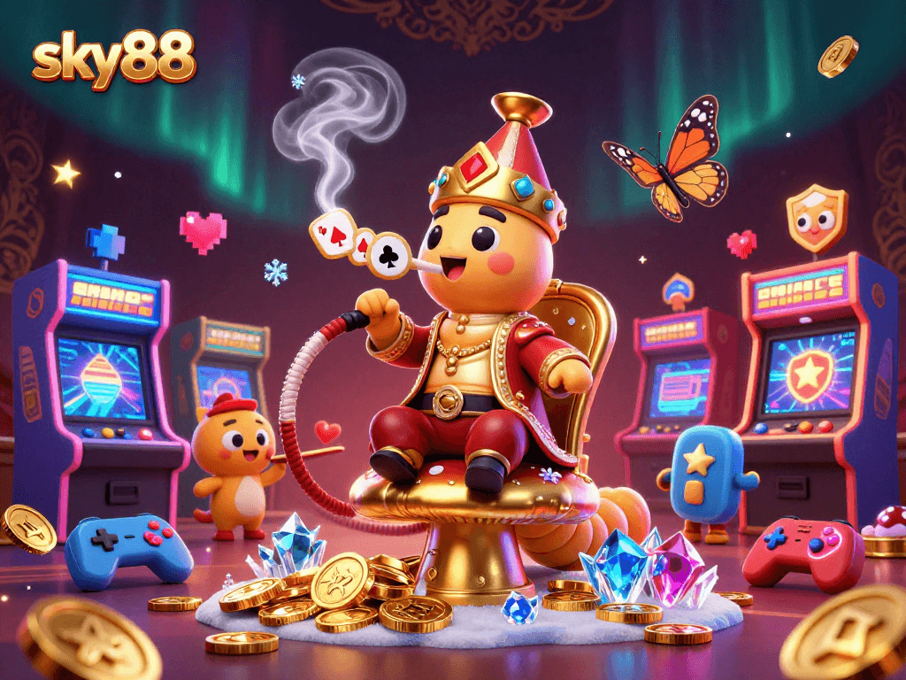 Experience sky88's thrilling gaming atmosphere with a unique 3D casino illustration featuring diverse gaming elements