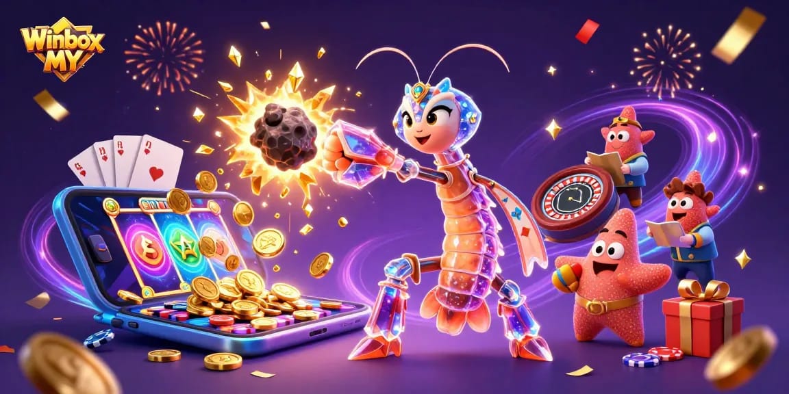 Spin for big wins with Winbox MY, featuring a galactic samurai amidst explosion of coins and vibrant slots.