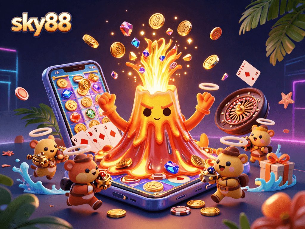 sky88 players winning coins and treasures erupting from a golden volcano in a vibrant casino scene
