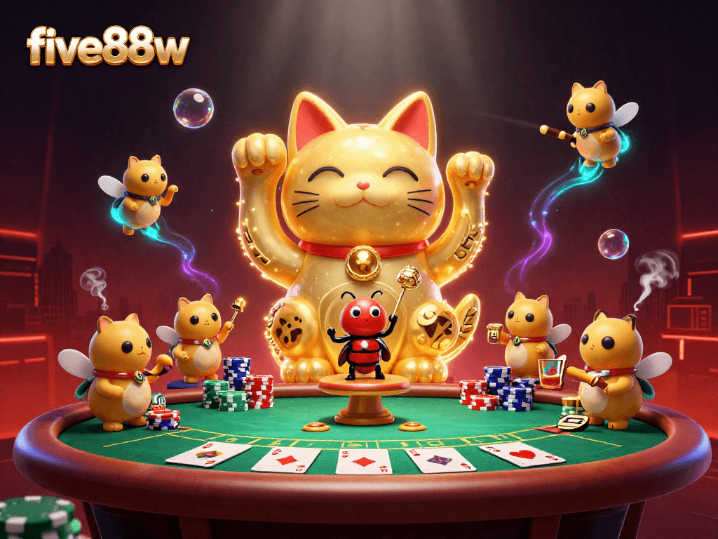 Experience the vibrant energy of five88w with dynamic casino-themed golden fireflies illustration.