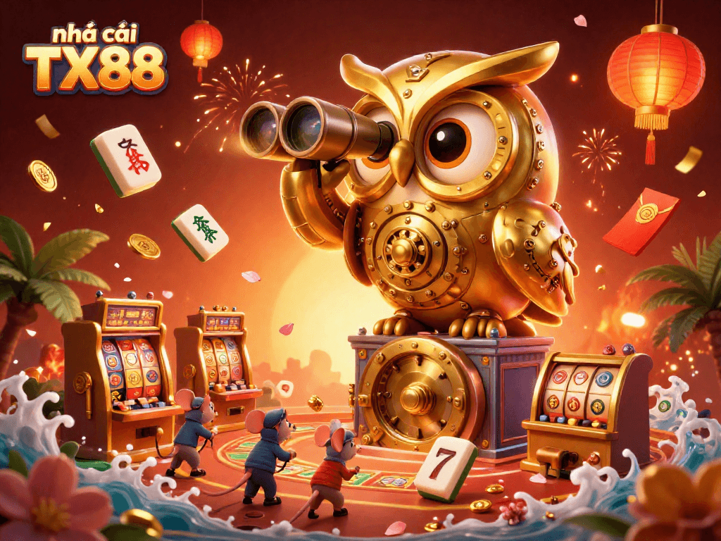 Experience the vibrant scene of nhà cái TX88 with a golden owl overseeing slot games and festive symbols.