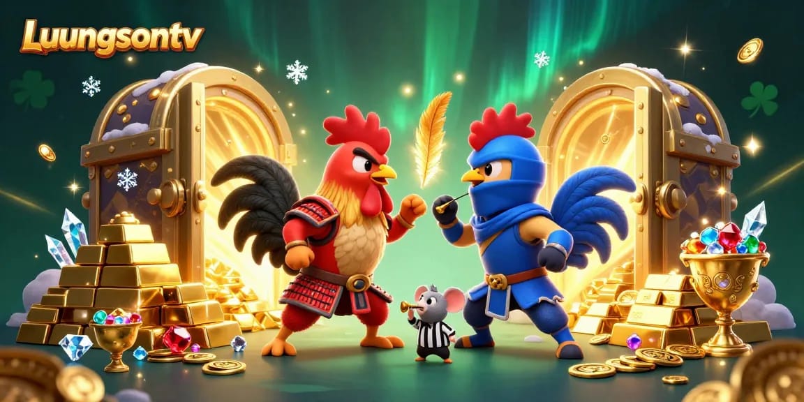 Experience thrilling action on Luongsontv with fighting roosters in an exciting casino illustration.