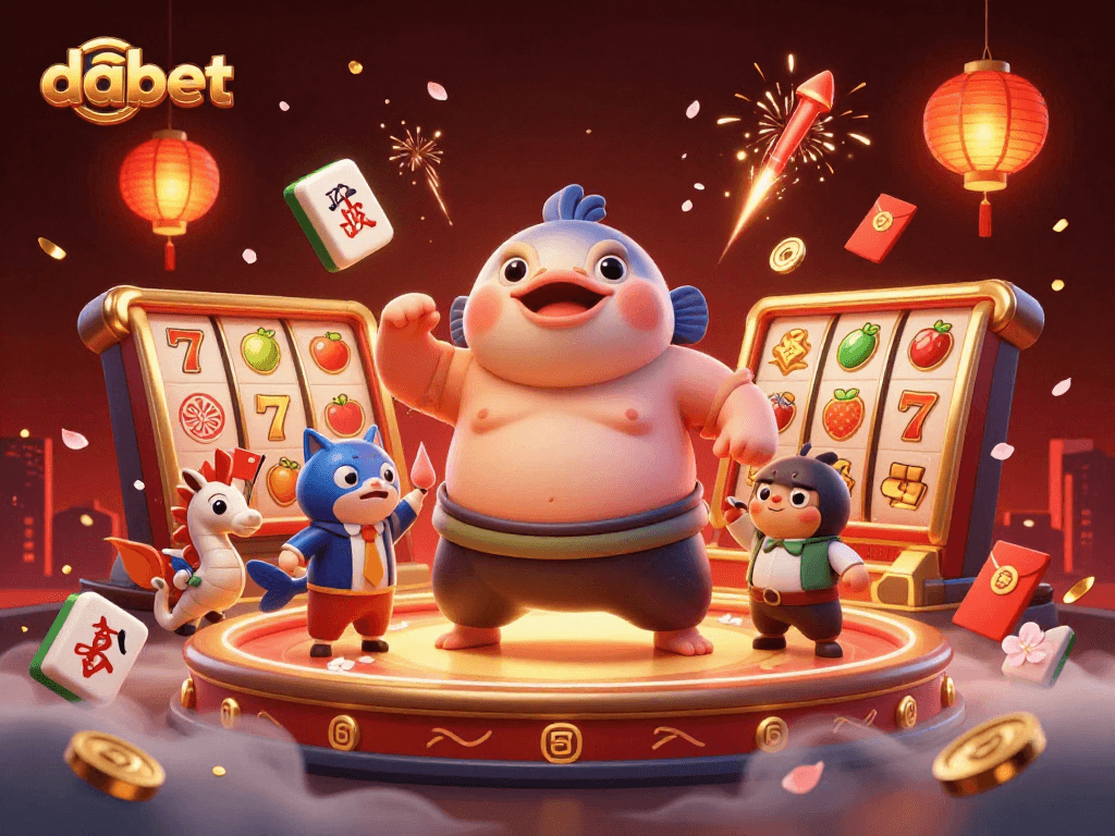dabet showcases a lively underwater casino scene with a blowfish in sumo attire among slot machines and festive decorations.