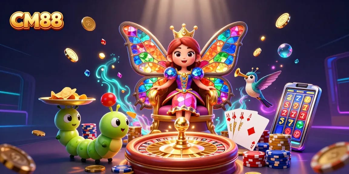 Experience excitement at CM88 with the vibrant butterfly queen amidst golden coins, roulette, and poker chips.