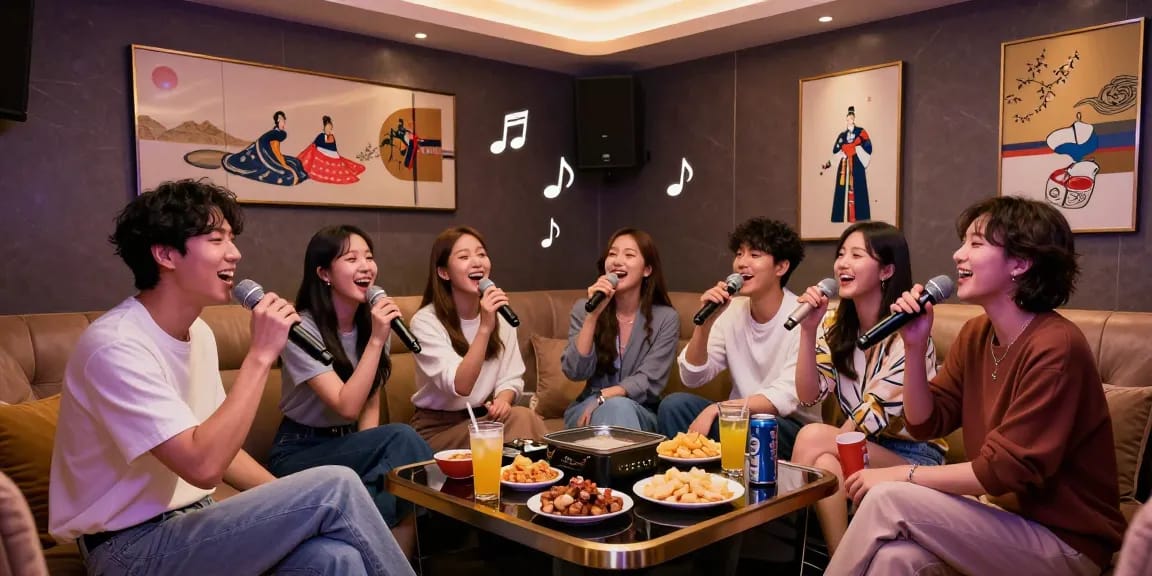 강남쩜오에서 즐거운 시간을 보내는 친구들의 모습이 담긴 고급스러운 노래방 내부