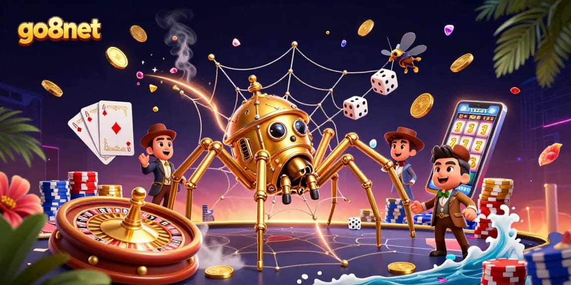 Engage with thrilling experiences at go8net, featuring a steampunk spider and dazzling casino elements.