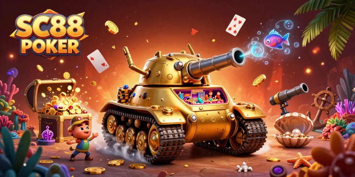Experience SC88 POKER's vibrant casino adventure in an epic 3D scene with gold coins and confetti.