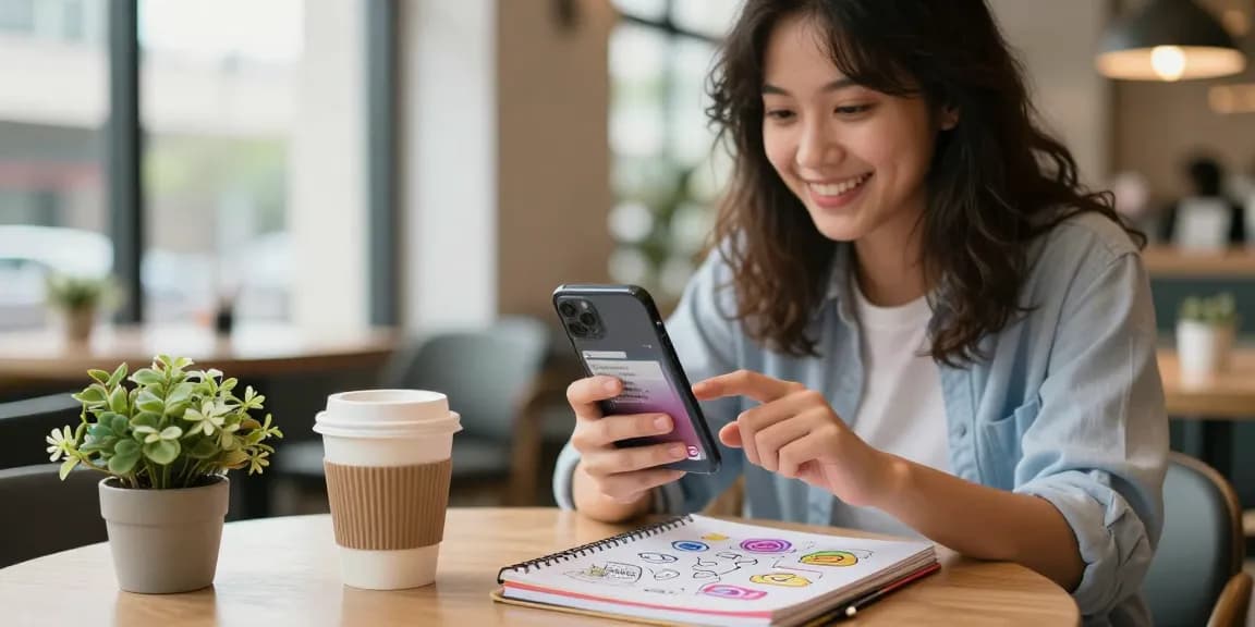 Instagram いいね 購入を楽しむ女性がカフェでスマートフォンを操作しているシーン。