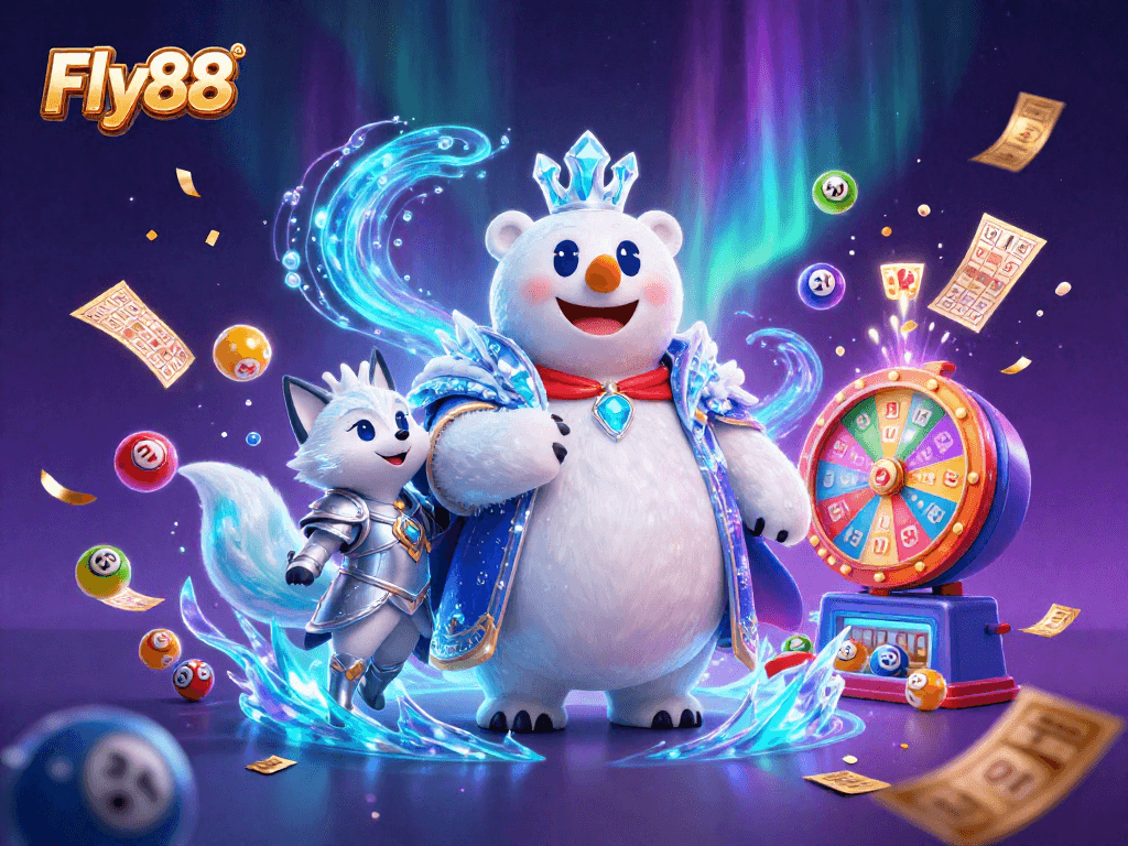 Win big with Fly88 in a vibrant casino-themed 3D illustration featuring exciting games and prizes!