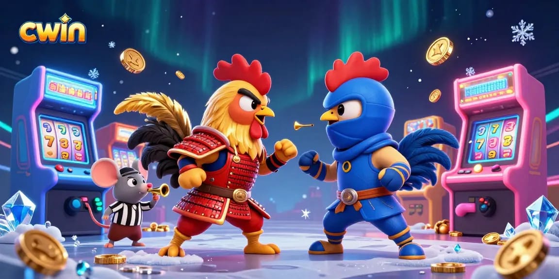 Engage with lively gameplay at Cwin, featuring dramatic rooster battles in vibrant casino style.