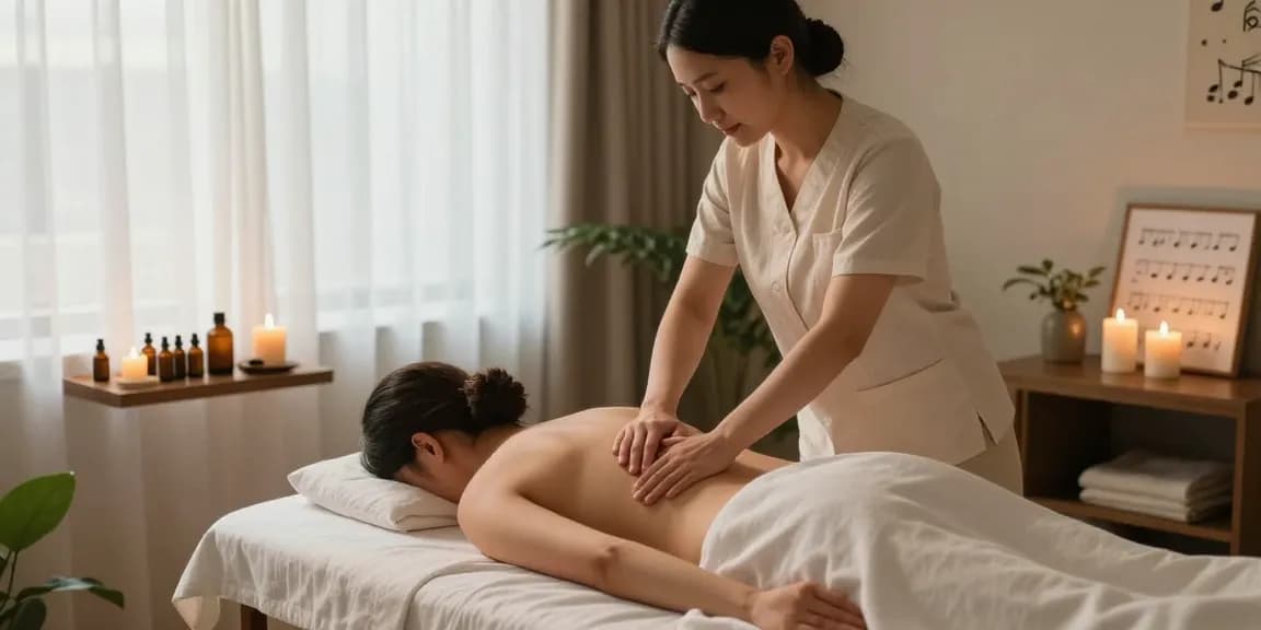 진주마사지 전문 스파 치료실에서 아로마 오일을 사용하여 고객에게 마사지를 제공하는 모습