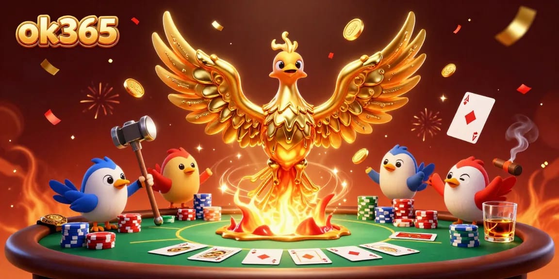 Bet on high-stakes poker hands with ok365 as molten gold pours from a phoenix's wings, enhancing the gaming vibe.