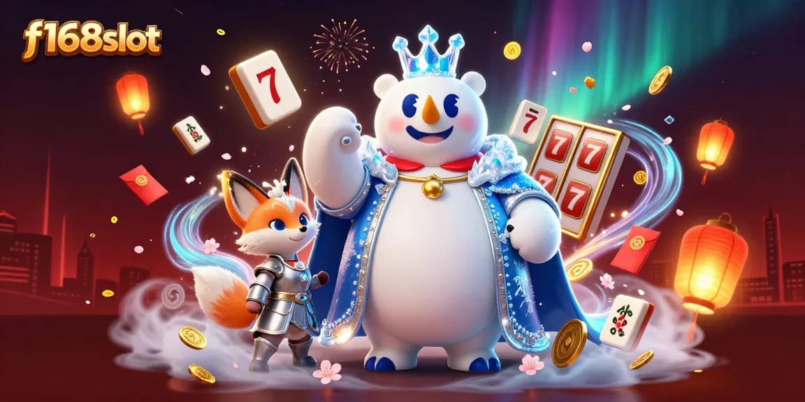 Experience thrilling wins with f168slot in a vibrant cartoon casino world, featuring dynamic gaming elements.