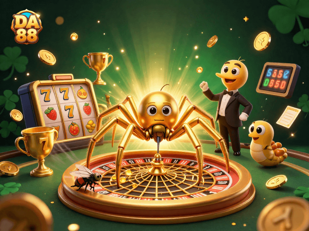 Experience DA 88 with a golden spider at a roulette wheel, fly betting nervously.