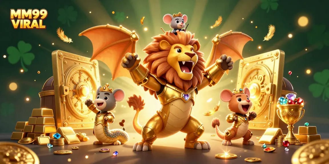 Engaging MM99 VIRAL casino adventure showcasing a chimera creature and treasures