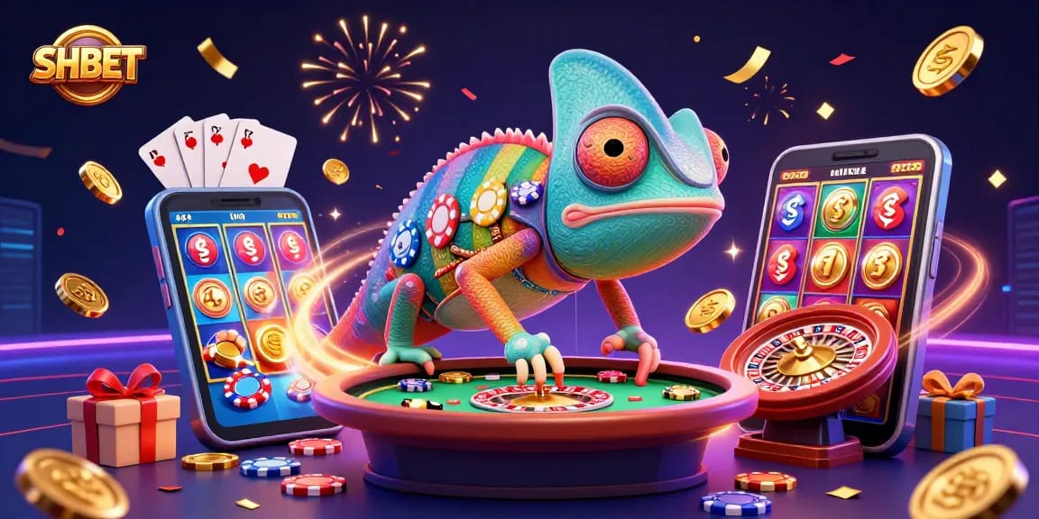 Experience exciting gaming with SHBET, featuring a colorful chameleon casino owner and vibrant casino elements.