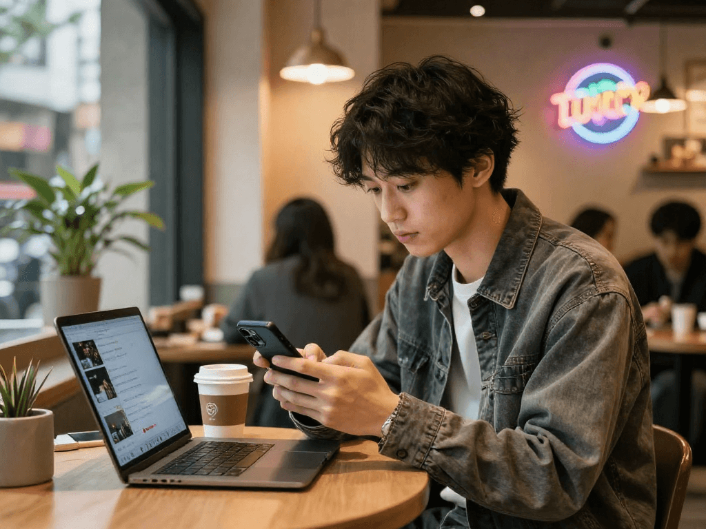 インスタ 日本人 男性 フォロワー 購入に関するトレンドを示す若い男性がカフェでスマートフォンを使用している様子