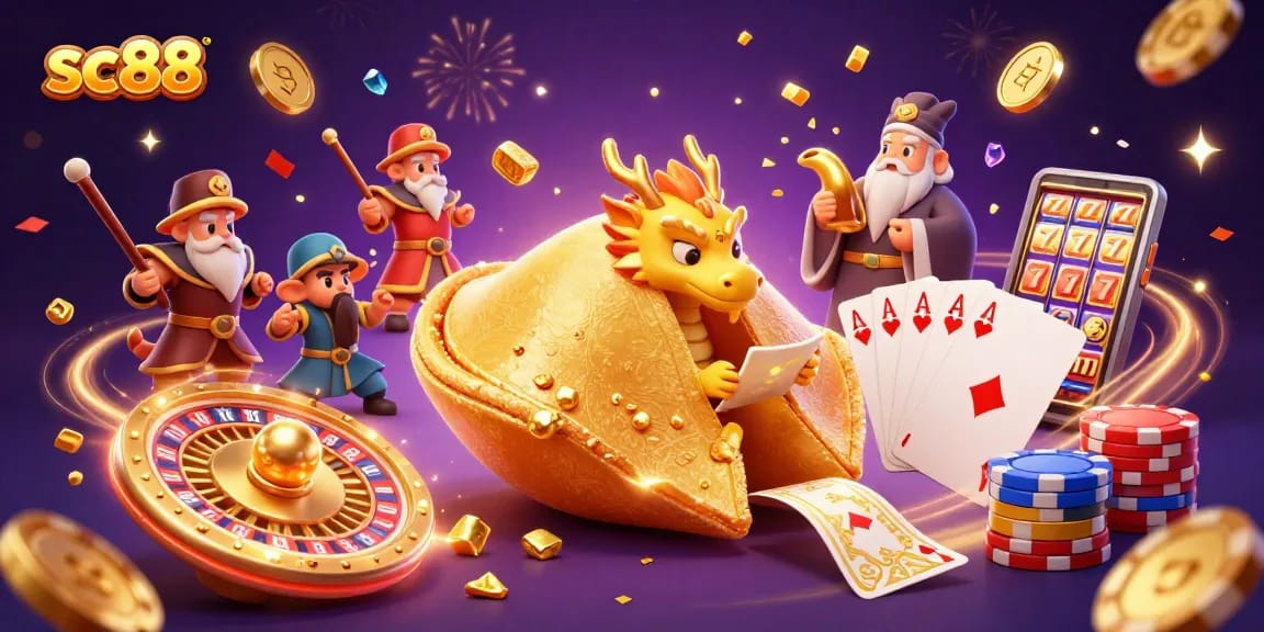 Experience the excitement of sc88 with a dynamic 3D casino scene featuring royal flush cards and a spinning roulette wheel.