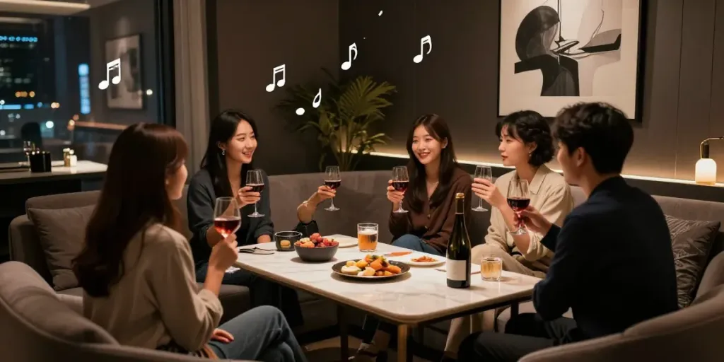강남유앤미에서 아늑한 분위기의 사적인 공간에서 친구들이 함께 즐거운 시간을 보내고 있는 모습