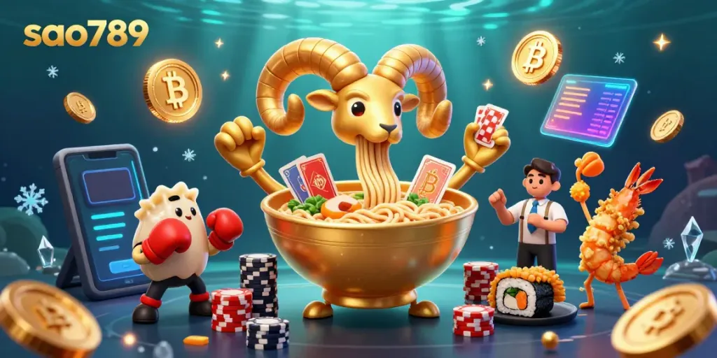 Sao789 casino illustration featuring a golden ramen bowl dealer with crypto elements and vibrant cheerleaders.