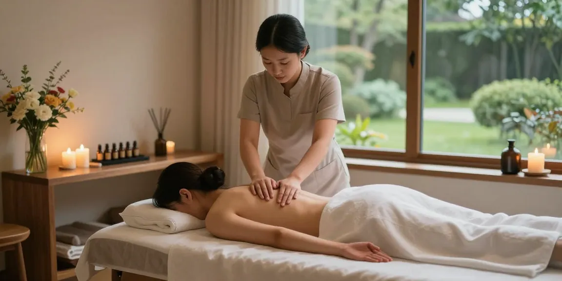 대전마사지로 편안한 스파 분위기에서 치료사가 고객을 마사지하는 모습