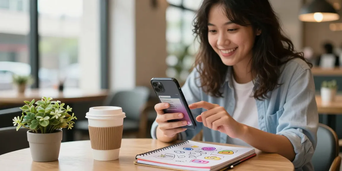 Instagram いいね 購入を楽しむ女性がカフェでスマートフォンを操作しているシーン。