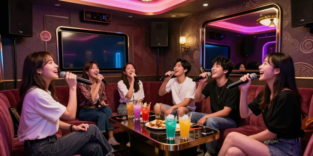 강남 달토에서 친구들과 즐거운 시간을 보내는 모습, 유흥업소의 화려한 분위기와 음료가 잘 보입니다. https://daltorabbits.com/