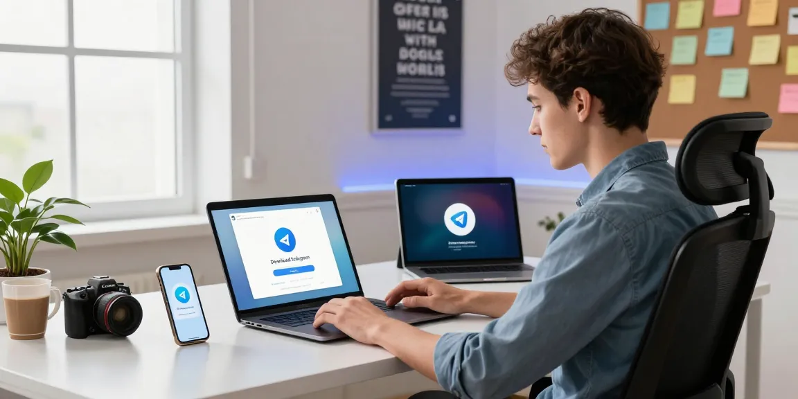 Download Telegram app in a modern digital workspace with devices showcasing messaging interface.