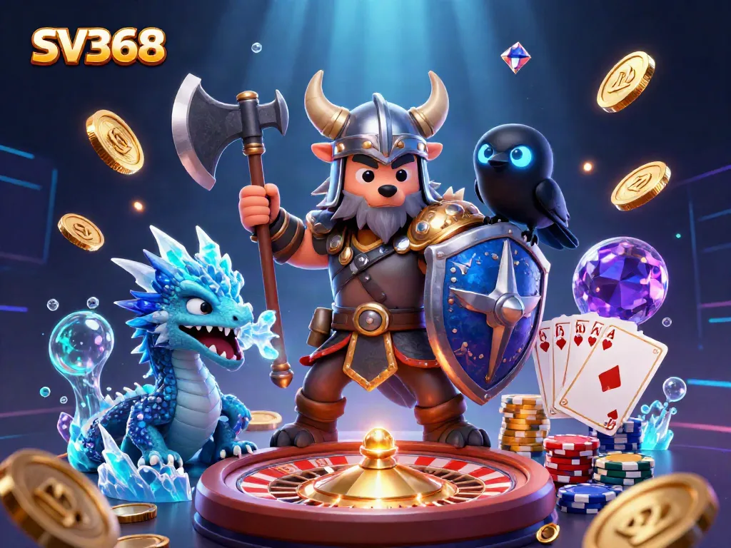 Engage with exciting gameplay at SV368 featuring a Viking wolf warrior, dragon, and rich casino elements.