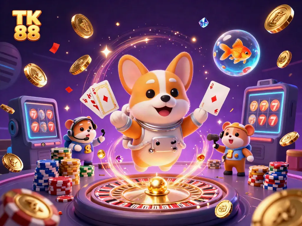Experience the excitement of winning with TK 88 featuring vibrant floating casino elements and colorful characters.