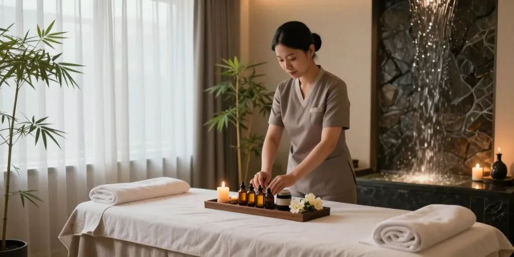 Indulging in 인천출장안마 in a serene, elegant massage setting with professional care.