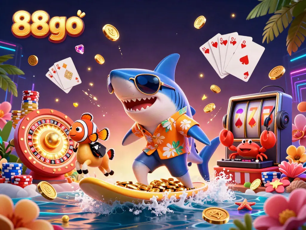 Experience 88go adventures with a vibrant 3D casino scene featuring rich game elements and playful characters.