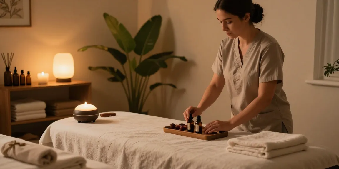 Enjoy a premium 서울출장안마 experience with a calming massage setup at home, showcasing serene atmosphere and essential oils.