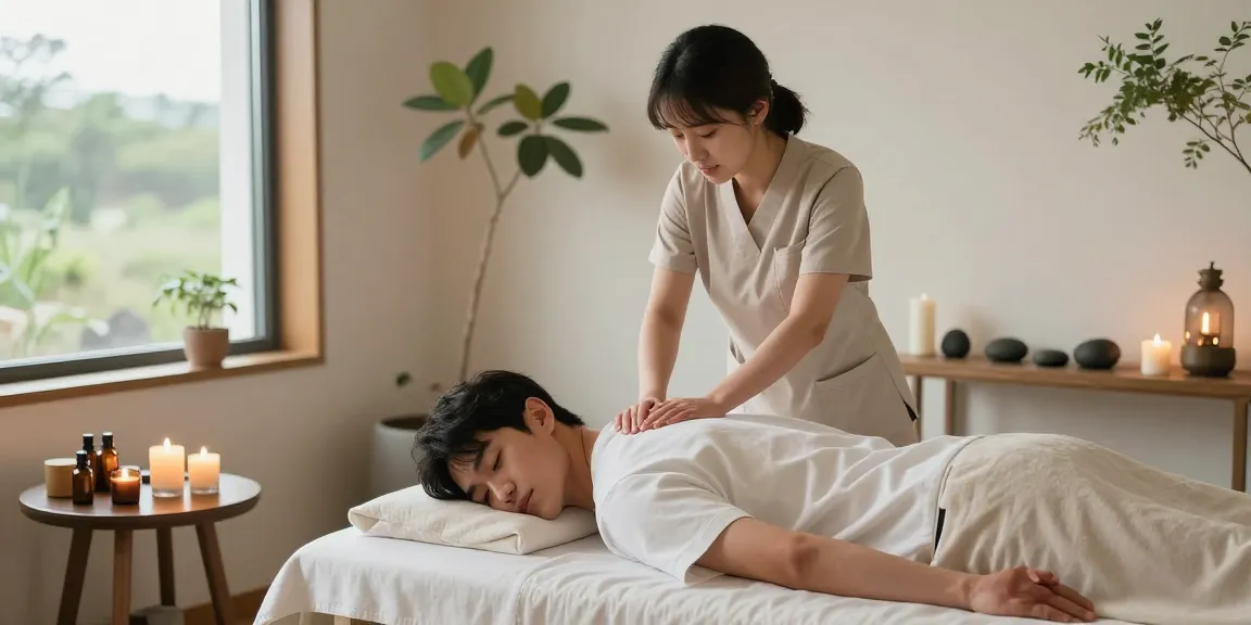 제주마사지에서 전문 관리사가 남성 고객에게 편안한 스웨디시 마사지를 제공하는 모습
