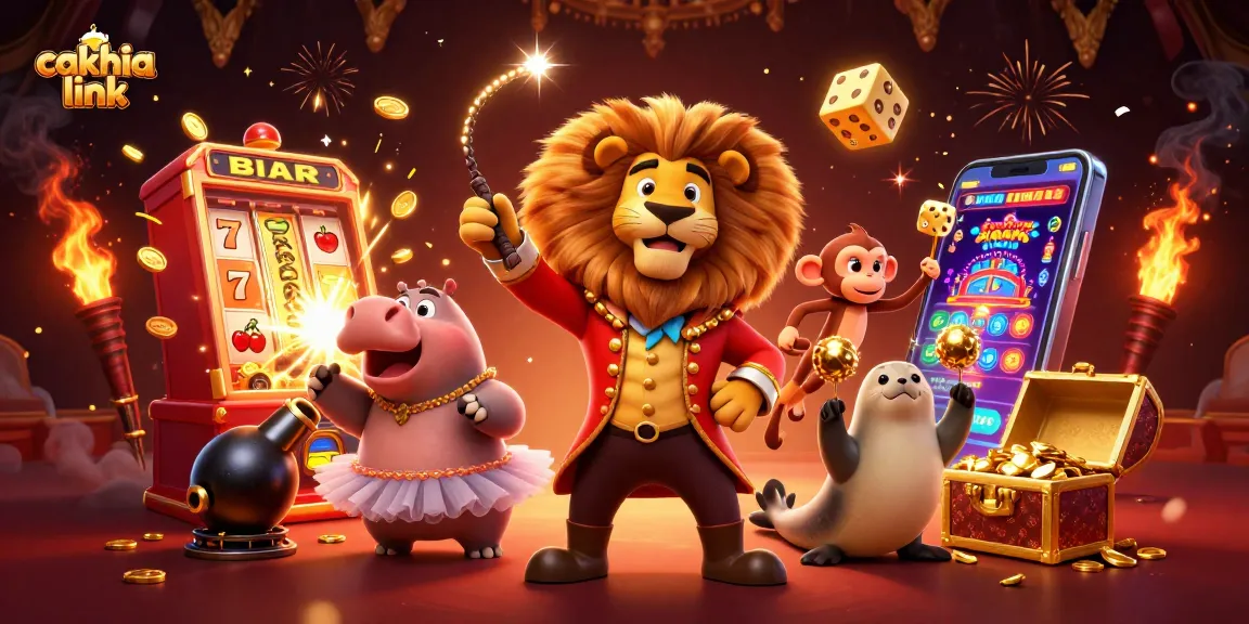 Engage with cakhia link amidst a vibrant casino scene featuring lively cartoon characters and exciting game elements.