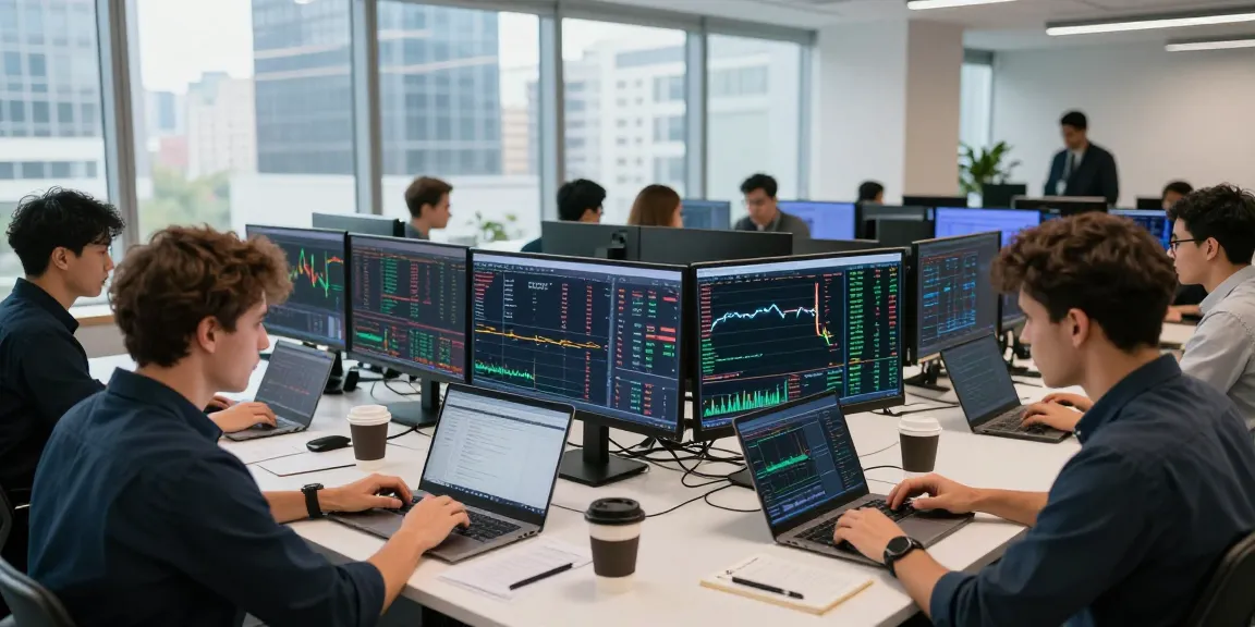 Cryptocurrency trading scene showcasing diverse traders engaged with real-time market data at 업투익스체인지.