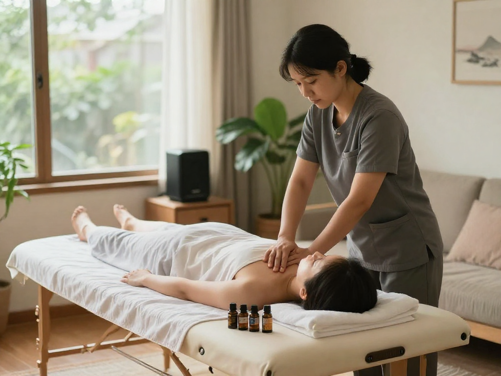 출장마사지 service showcasing a therapist and client in a cozy living room setting.