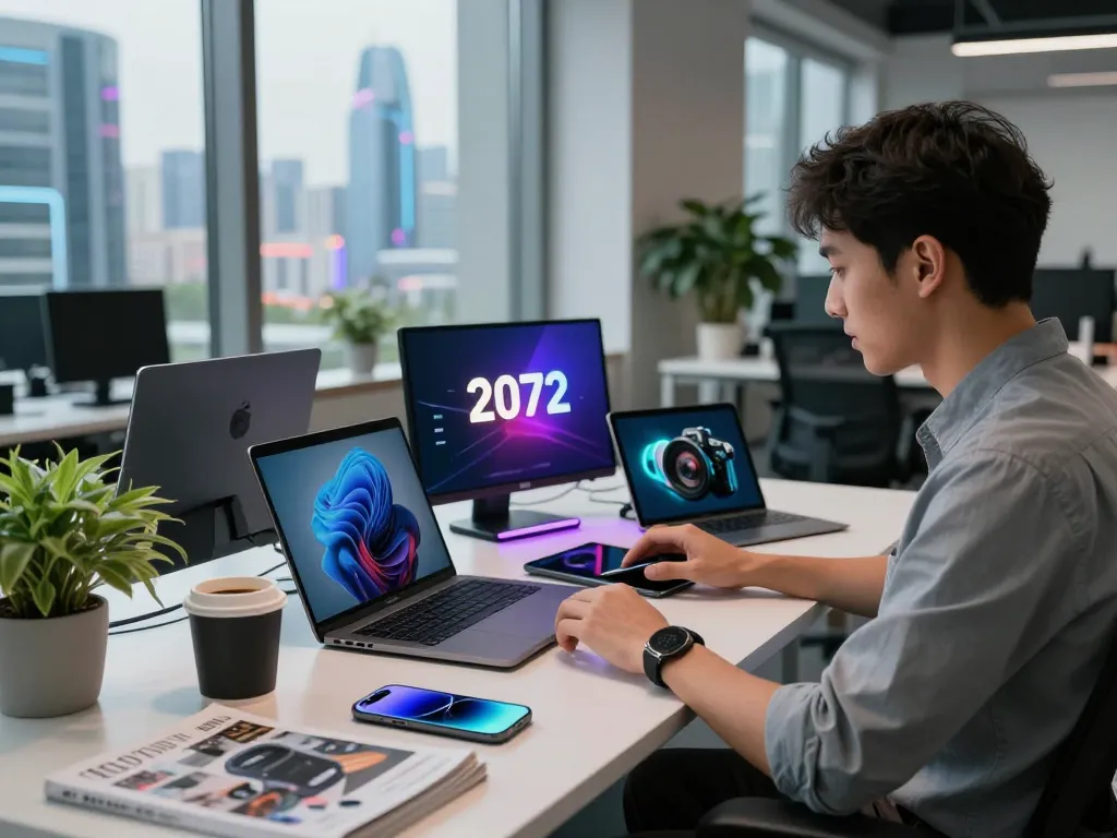 Highlighting the top 10 tech gadgets 2072 in a modern workspace with innovative technology.
