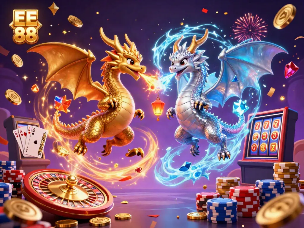 Engage in thrilling casino moments with EE 88 as dragons battle in a stunning illuminated scene.
