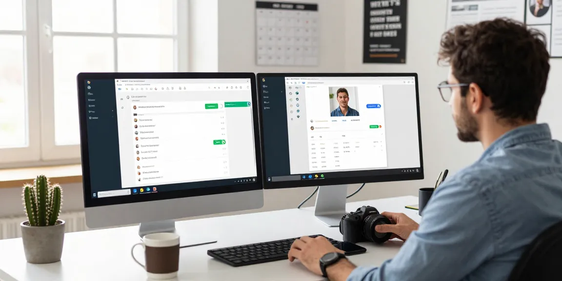 在现代办公室桌面上使用WhatsApp Web，配有计算机显示器和生产力工具。